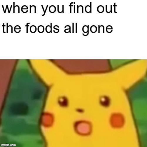 foods gone | when you find out; the foods all gone | image tagged in memes,surprised pikachu | made w/ Imgflip meme maker