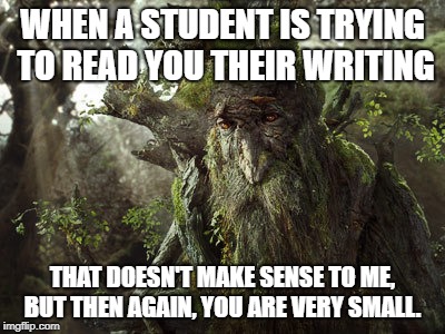 Ents Lord of the Rings | WHEN A STUDENT IS TRYING TO READ YOU THEIR WRITING; THAT DOESN'T MAKE SENSE TO ME, BUT THEN AGAIN, YOU ARE VERY SMALL. | image tagged in ents lord of the rings | made w/ Imgflip meme maker