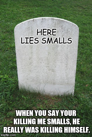 Tombstone |  HERE LIES SMALLS; WHEN YOU SAY YOUR KILLING ME SMALLS, HE REALLY WAS KILLING HIMSELF. | image tagged in tombstone | made w/ Imgflip meme maker