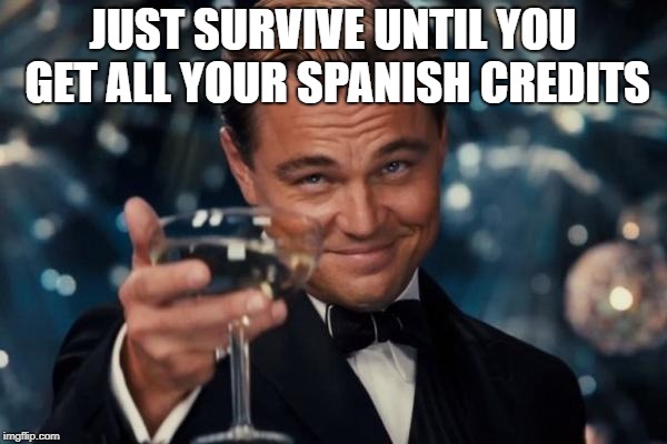 Leonardo Dicaprio Cheers Meme | JUST SURVIVE UNTIL YOU GET ALL YOUR SPANISH CREDITS | image tagged in memes,leonardo dicaprio cheers | made w/ Imgflip meme maker