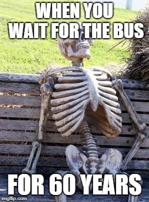 Waiting Skeleton | WHEN YOU WAIT FOR THE BUS; FOR 60 YEARS | image tagged in memes,waiting skeleton | made w/ Imgflip meme maker