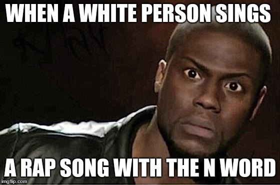 Kevin Hart Meme | WHEN A WHITE PERSON SINGS; A RAP SONG WITH THE N WORD | image tagged in memes,kevin hart | made w/ Imgflip meme maker
