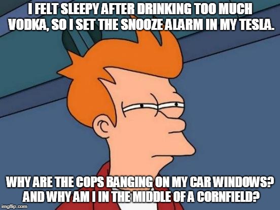 Futurama Fry Meme | I FELT SLEEPY AFTER DRINKING TOO MUCH VODKA, SO I SET THE SNOOZE ALARM IN MY TESLA. WHY ARE THE COPS BANGING ON MY CAR WINDOWS? AND WHY AM I IN THE MIDDLE OF A CORNFIELD? | image tagged in memes,futurama fry | made w/ Imgflip meme maker