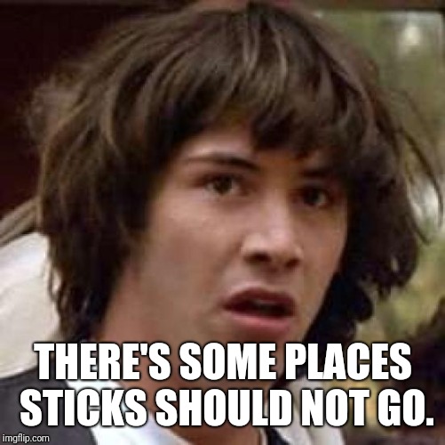 Conspiracy Keanu Meme | THERE'S SOME PLACES STICKS SHOULD NOT GO. | image tagged in memes,conspiracy keanu | made w/ Imgflip meme maker