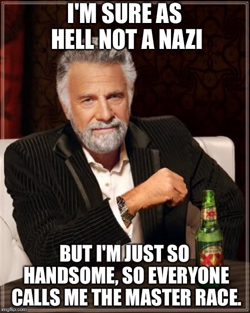 The Most Interesting Man In The World Meme | I'M SURE AS HELL NOT A NAZI; BUT I'M JUST SO HANDSOME, SO EVERYONE CALLS ME THE MASTER RACE. | image tagged in memes,the most interesting man in the world | made w/ Imgflip meme maker