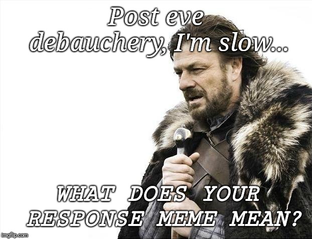 Brace Yourselves X is Coming Meme | Post eve debauchery, I'm slow... WHAT DOES YOUR RESPONSE MEME MEAN? | image tagged in memes,brace yourselves x is coming | made w/ Imgflip meme maker