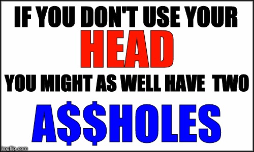 plain white |  IF YOU DON'T USE YOUR; HEAD; YOU MIGHT AS WELL HAVE  TWO; A$$HOLES | image tagged in use your head,asshole | made w/ Imgflip meme maker