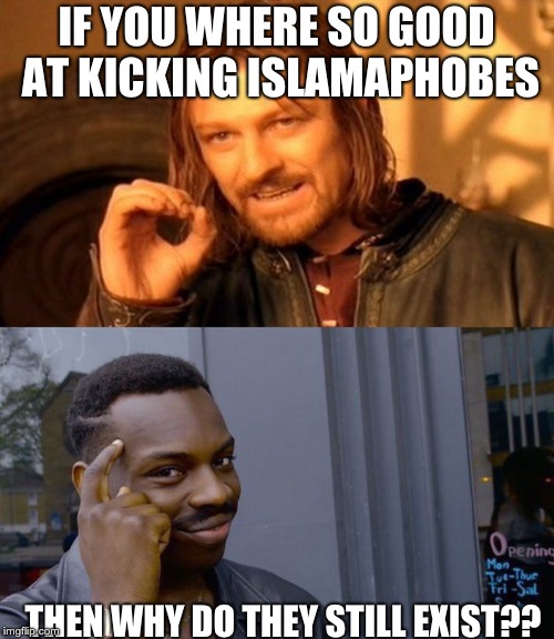 IF YOU WHERE SO GOOD AT KICKING ISLAMAPHOBES THEN WHY DO THEY STILL EXIST?? | image tagged in memes,one does not simply,roll safe think about it | made w/ Imgflip meme maker