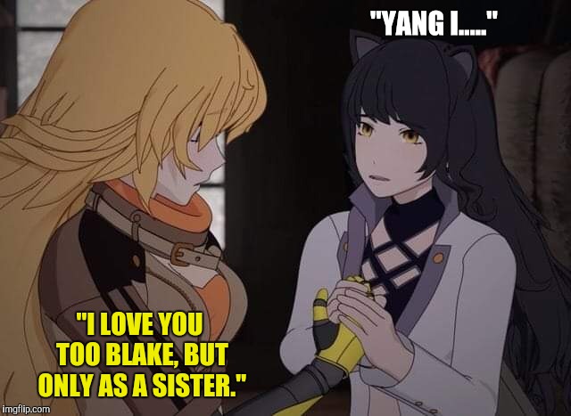 "YANG I....."; "I LOVE YOU TOO BLAKE, BUT ONLY AS A SISTER." | image tagged in rwby yang and blake | made w/ Imgflip meme maker