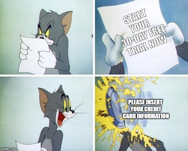 Every gamer's worst nightmare | START YOUR 30-DAY FREE TRIAL NOW; PLEASE INSERT YOUR CREDIT CARD INFORMATION | image tagged in tom and jerry custard pie | made w/ Imgflip meme maker