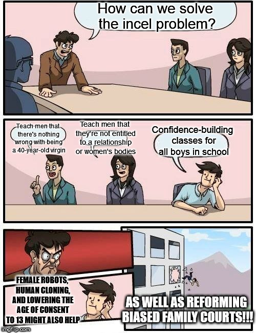 Boardroom Meeting Suggestion Meme | How can we solve the incel problem? Teach men that they're not entitled to a relationship or women's bodies; Confidence-building classes for all boys in school; Teach men that there's nothing wrong with being a 40-year-old virgin; FEMALE ROBOTS, HUMAN CLONING, AND LOWERING THE AGE OF CONSENT TO 13 MIGHT ALSO HELP; AS WELL AS REFORMING BIASED FAMILY COURTS!!! | image tagged in memes,boardroom meeting suggestion | made w/ Imgflip meme maker