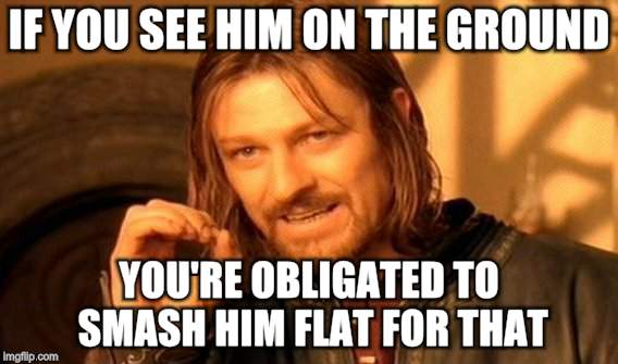 One Does Not Simply Meme | IF YOU SEE HIM ON THE GROUND YOU'RE OBLIGATED TO SMASH HIM FLAT FOR THAT | image tagged in memes,one does not simply | made w/ Imgflip meme maker