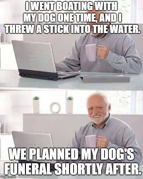 Don't do this when you go boating. | I WENT BOATING WITH MY DOG ONE TIME, AND I THREW A STICK INTO THE WATER. WE PLANNED MY DOG'S FUNERAL SHORTLY AFTER. | image tagged in memes,hide the pain harold | made w/ Imgflip meme maker