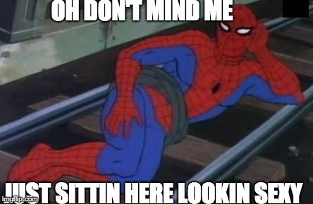 Sexy Railroad Spiderman | OH DON'T MIND ME; JUST SITTIN HERE LOOKIN SEXY | image tagged in memes,sexy railroad spiderman,spiderman | made w/ Imgflip meme maker