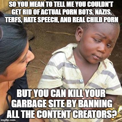 Third World Skeptical Kid Meme | SO YOU MEAN TO TELL ME YOU COULDN'T GET RID OF ACTUAL PORN BOTS, NAZIS, TERFS, HATE SPEECH, AND REAL CHILD PORN; BUT YOU CAN KILL YOUR GARBAGE SITE BY BANNING ALL THE CONTENT CREATORS? | image tagged in memes,third world skeptical kid | made w/ Imgflip meme maker
