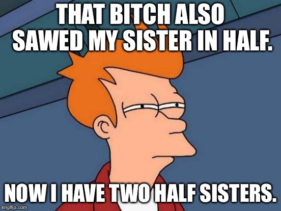Futurama Fry Meme | THAT B**CH ALSO SAWED MY SISTER IN HALF. NOW I HAVE TWO HALF SISTERS. | image tagged in memes,futurama fry | made w/ Imgflip meme maker