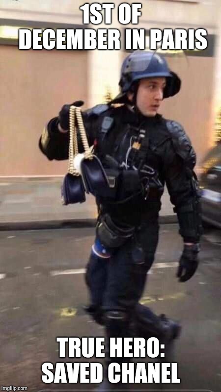 My hero: saving CHANEL | 1ST OF DECEMBER IN PARIS; TRUE HERO: SAVED CHANEL | image tagged in politics,political meme,fashion,police,france | made w/ Imgflip meme maker