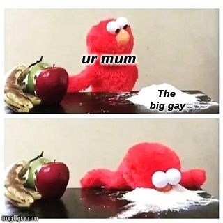 elmo cocaine | ur mum; The big gay | image tagged in elmo cocaine | made w/ Imgflip meme maker
