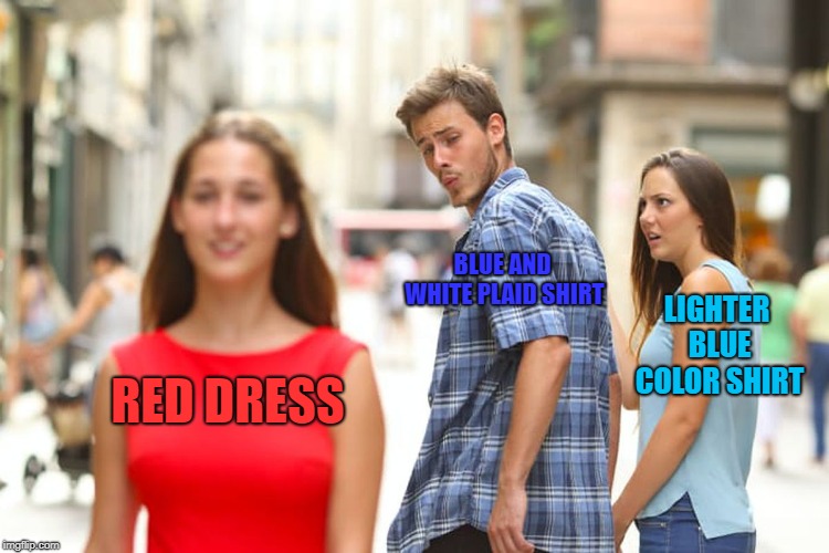Come Learn Colors and Clothing with me! | BLUE AND WHITE PLAID SHIRT; LIGHTER BLUE COLOR SHIRT; RED DRESS | image tagged in memes,distracted boyfriend | made w/ Imgflip meme maker