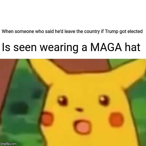 Surprised Pikachu | When someone who said he'd leave the country if Trump got elected; Is seen wearing a MAGA hat | image tagged in memes,surprised pikachu | made w/ Imgflip meme maker