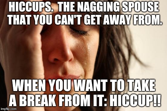 First World Problems | HICCUPS.  THE NAGGING SPOUSE THAT YOU CAN'T GET AWAY FROM. WHEN YOU WANT TO TAKE A BREAK FROM IT: HICCUP!! | image tagged in memes,first world problems | made w/ Imgflip meme maker