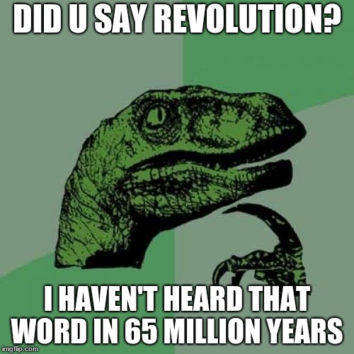 Philosoraptor Meme | DID U SAY REVOLUTION? I HAVEN'T HEARD THAT WORD IN 65 MILLION YEARS | image tagged in memes,philosoraptor | made w/ Imgflip meme maker
