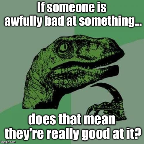 Philosoraptor Meme | If someone is awfully bad at something... does that mean they're really good at it? | image tagged in memes,philosoraptor | made w/ Imgflip meme maker