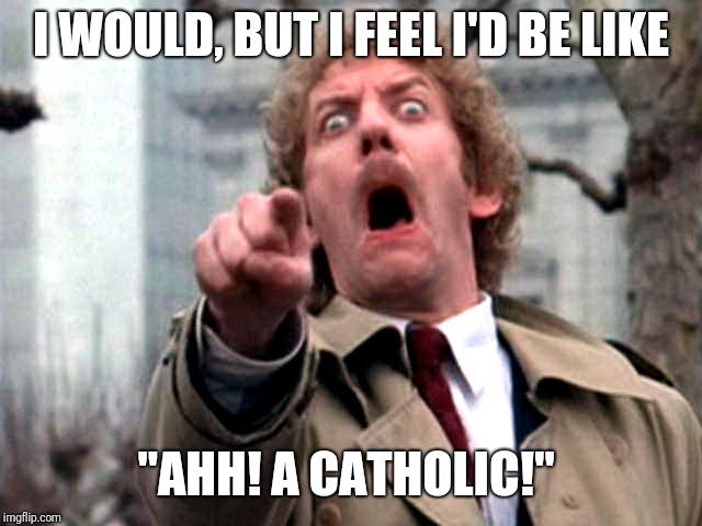 Screaming Donald Sutherland | I WOULD, BUT I FEEL I'D BE LIKE "AHH! A CATHOLIC!" | image tagged in screaming donald sutherland | made w/ Imgflip meme maker