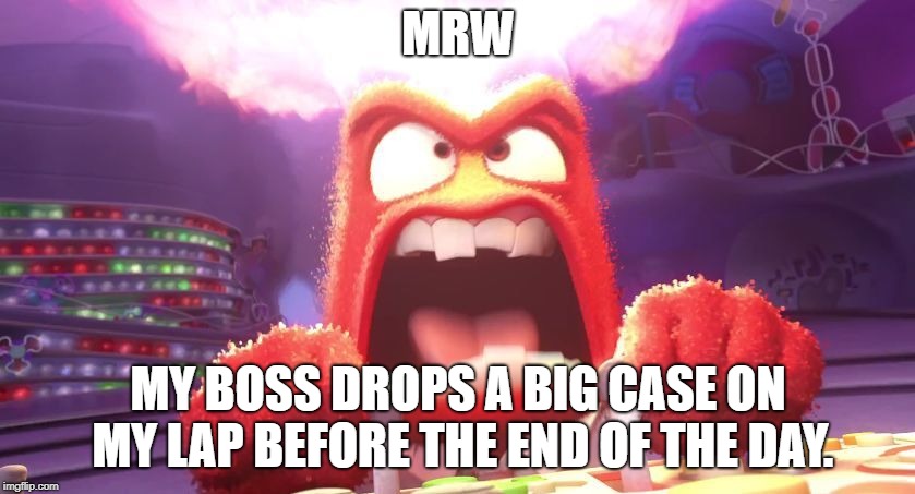 Inside Out Anger | MRW; MY BOSS DROPS A BIG CASE ON MY LAP BEFORE THE END OF THE DAY. | image tagged in inside out anger | made w/ Imgflip meme maker