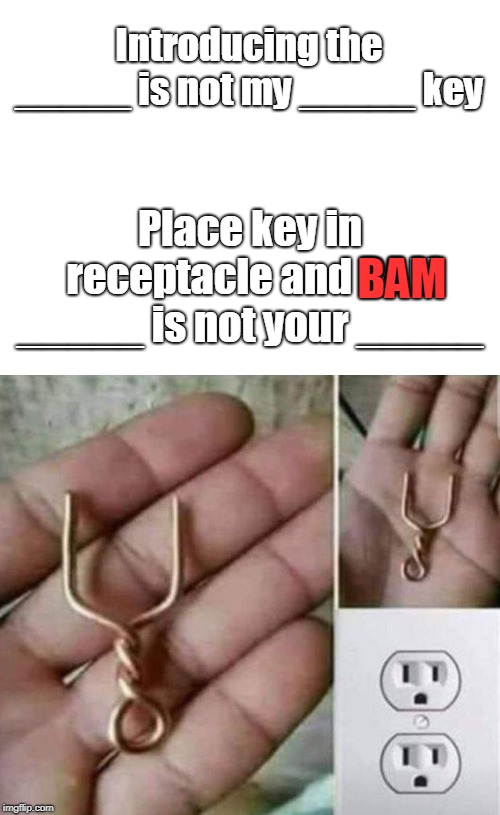 "Blank" is not my "blank" Key will remove all the "blank" from your life! | Introducing the _____ is not my _____ key; Place key in receptacle and BAM _____ is not your _____; BAM | image tagged in blank white template,keys,pepe the frog fork,memes,electrocuted | made w/ Imgflip meme maker