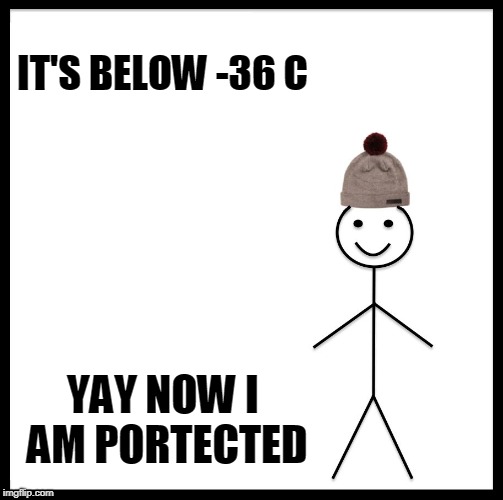 Be Like Bill Meme | IT'S BELOW -36 C; YAY NOW I AM PORTECTED | image tagged in memes,be like bill | made w/ Imgflip meme maker