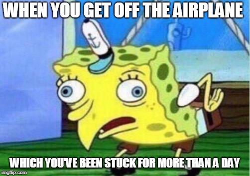 Mocking Spongebob Meme | WHEN YOU GET OFF THE AIRPLANE; WHICH YOU'VE BEEN STUCK FOR MORE THAN A DAY | image tagged in memes,mocking spongebob | made w/ Imgflip meme maker