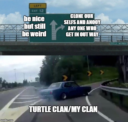 Left Exit 12 Off Ramp Meme | CLONE OUR SELFS AND ANOOY ANY ONE WHO GET IN OUT WAY; be nice but still be weird; TURTLE CLAN/MY CLAN | image tagged in memes,left exit 12 off ramp | made w/ Imgflip meme maker