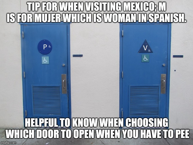Genital Identity Bathroom | TIP FOR WHEN VISITING MEXICO; M IS FOR MUJER WHICH IS WOMAN IN SPANISH. HELPFUL TO KNOW WHEN CHOOSING WHICH DOOR TO OPEN WHEN YOU HAVE TO PEE | image tagged in genital identity bathroom | made w/ Imgflip meme maker