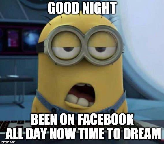good night minion | GOOD NIGHT; BEEN ON FACEBOOK ALL DAY NOW TIME TO DREAM | image tagged in sleepy minion,good night,facebook,funny memes,funny meme,good night minion | made w/ Imgflip meme maker