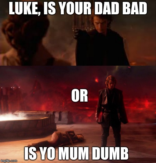 Anakin tries to pursuade luke | LUKE, IS YOUR DAD BAD; OR; IS YO MUM DUMB | image tagged in anakin skywalker,padme,star wars | made w/ Imgflip meme maker