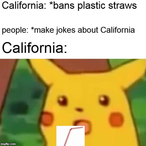 Surprised Pikachu Meme | California: *bans plastic straws; people: *make jokes about California; California: | image tagged in memes,surprised pikachu | made w/ Imgflip meme maker