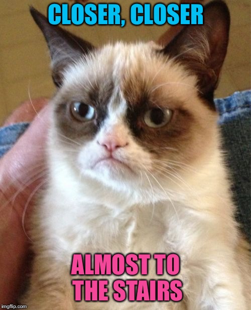 Grumpy Cat Meme | CLOSER, CLOSER ALMOST TO THE STAIRS | image tagged in memes,grumpy cat | made w/ Imgflip meme maker