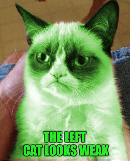 Radioactive Grumpy | THE LEFT CAT LOOKS WEAK | image tagged in radioactive grumpy | made w/ Imgflip meme maker