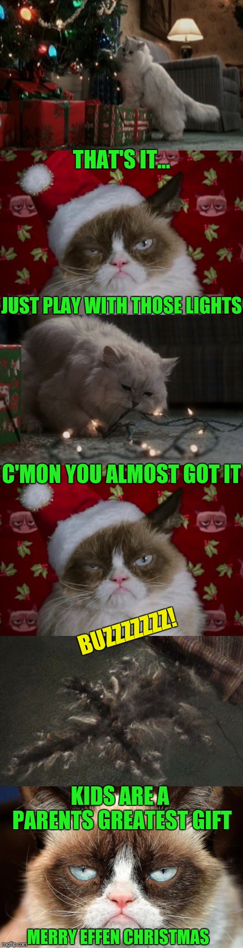 Christmas Vacation Week (From Dec 2nd to Dec 8th) A Thparky event! | THAT'S IT... JUST PLAY WITH THOSE LIGHTS; C'MON YOU ALMOST GOT IT; BUZZZZZZZ! KIDS ARE A PARENTS GREATEST GIFT; MERRY EFFEN CHRISTMAS | image tagged in memes,grumpy cat not amused,christmas vacation | made w/ Imgflip meme maker