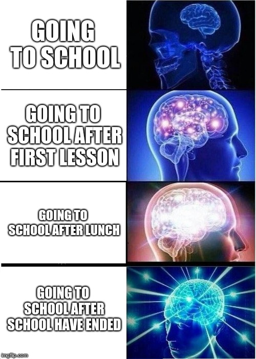 Expanding Brain | GOING TO SCHOOL; GOING TO SCHOOL AFTER FIRST LESSON; GOING TO SCHOOL AFTER LUNCH; GOING TO SCHOOL AFTER SCHOOL HAVE ENDED | image tagged in memes,expanding brain | made w/ Imgflip meme maker