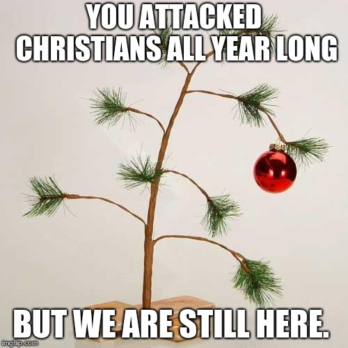 They keep chipping away but I read the book, we win in the end. | YOU ATTACKED CHRISTIANS ALL YEAR LONG; BUT WE ARE STILL HERE. | image tagged in christmas tree,jesus christ,bible,merry christmas,christianity | made w/ Imgflip meme maker