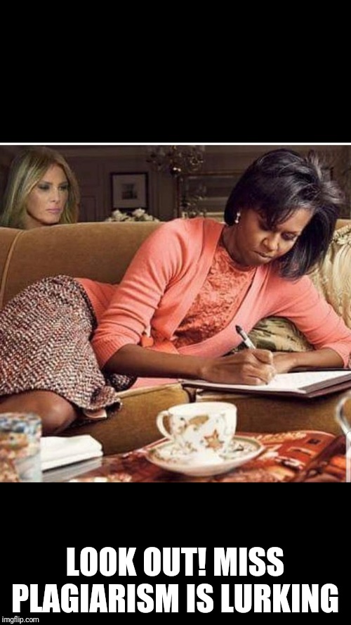Memes | LOOK OUT! MISS PLAGIARISM IS LURKING | image tagged in donald trump | made w/ Imgflip meme maker