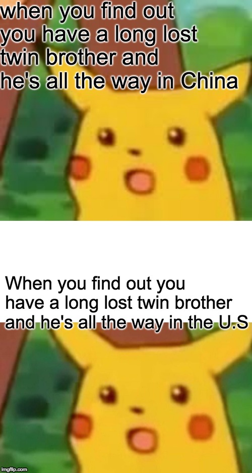 when you find out you have a long lost twin brother and he's all the way in China; When you find out you have a long lost twin brother and he's all the way in the U.S | image tagged in memes,surprised pikachu | made w/ Imgflip meme maker