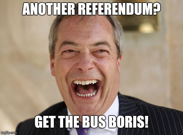 Nigel Farage | ANOTHER REFERENDUM? GET THE BUS BORIS! | image tagged in nigel farage | made w/ Imgflip meme maker