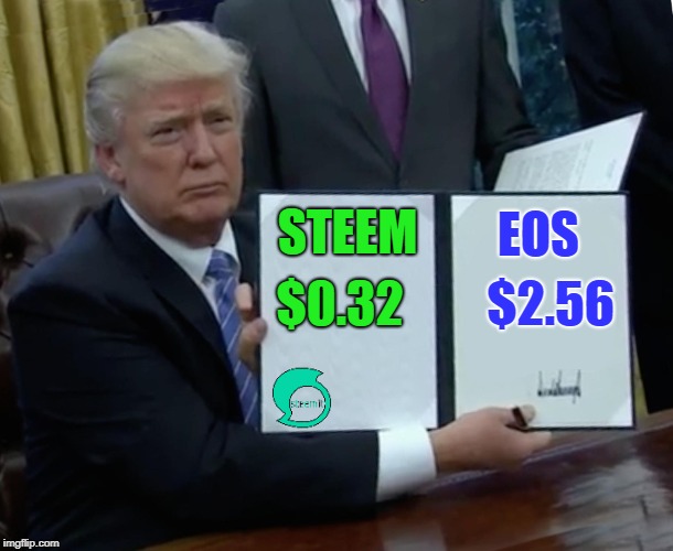 Trump Bill Signing Meme | STEEM; EOS; $0.32; $2.56 | image tagged in memes,trump bill signing | made w/ Imgflip meme maker