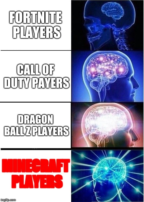 Expanding Brain Meme | FORTNITE PLAYERS; CALL OF DUTY PAYERS; DRAGON BALL Z PLAYERS; MINECRAFT PLAYERS | image tagged in memes,expanding brain | made w/ Imgflip meme maker