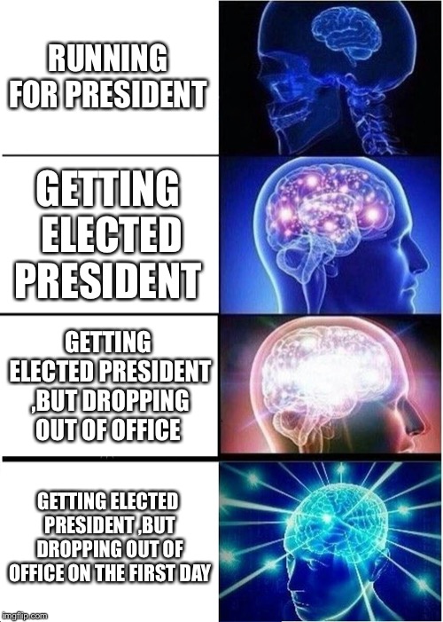 Expanding Brain Meme | RUNNING FOR PRESIDENT; GETTING ELECTED PRESIDENT; GETTING ELECTED PRESIDENT ,BUT DROPPING OUT OF OFFICE; GETTING ELECTED PRESIDENT ,BUT DROPPING OUT OF OFFICE ON THE FIRST DAY | image tagged in memes,expanding brain,presidential candidates,presidential election,presidential alert | made w/ Imgflip meme maker