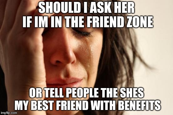 First World Problems | SHOULD I ASK HER IF IM IN THE FRIEND ZONE; OR TELL PEOPLE THE SHES MY BEST FRIEND WITH BENEFITS | image tagged in memes,first world problems | made w/ Imgflip meme maker