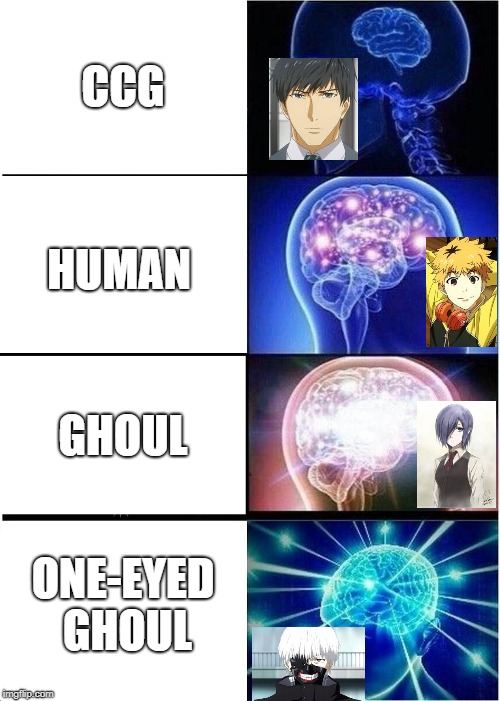 Tokyo Ghoul | CCG; HUMAN; GHOUL; ONE-EYED GHOUL | image tagged in memes,expanding brain,tokyo ghoul | made w/ Imgflip meme maker